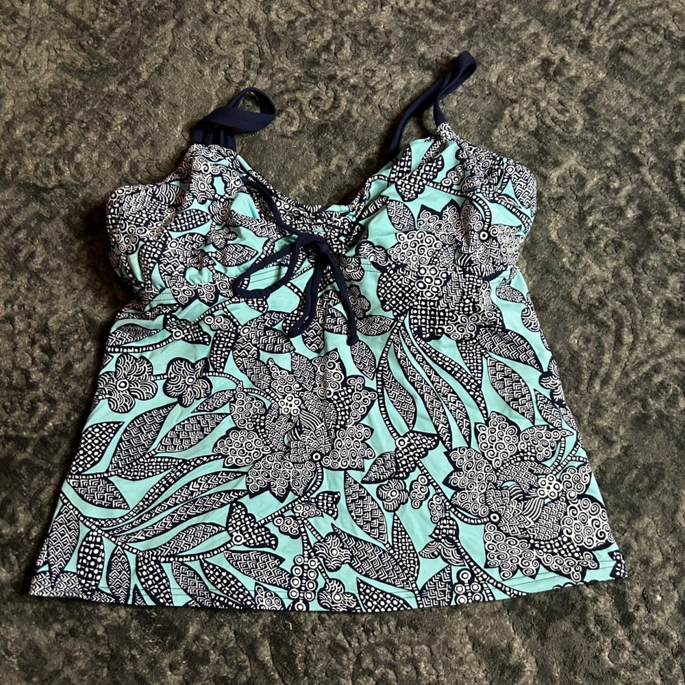 Lands End Tankini Top Womens 4 DD Turquoise Navy Blue Floral Underwire Swimwear